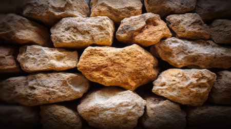 A close-up view of a textured stone wall featuring natural variations in color and shape. This rustic setting is perfect for enhancing nature-themed designs and backgrounds.の素材