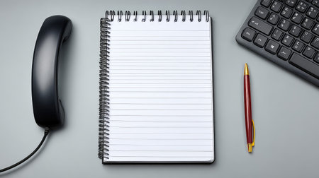 A minimalist workspace featuring a blank notepad, black telephone, and computer keyboard. Perfect for capturing ideas, note-taking, and enhancing productivity in an office setting.の素材