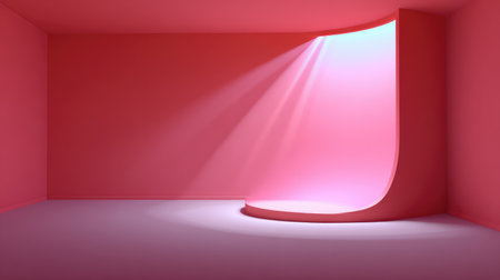 This serene minimalist interior features soft pink lighting illuminating a curved backdrop, creating a perfect space for artistic expression and photography. Ideal for creative projects.の素材