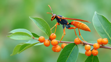 A striking insect with orange and black colors is perched on a green branch adorned with bright orange berries, showcasing the intricate details of nature's wonders.の素材