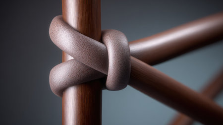 This image captures a close-up of a beautifully tied rope knot on a smooth wooden surface, emphasizing the textures and craftsmanship of the materials used in a serene and artistic composition.の素材