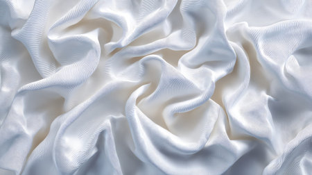 Discover the beauty of soft white satin fabric, featuring smooth drapes and a delicate texture, ideal for various fashion and design projects. Perfect for elegance and luxury aesthetics.の素材