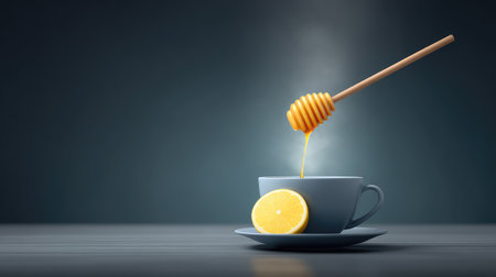 A serene image featuring honey flowing from a wooden dipper into a blue cup beside a lemon slice, capturing the essence of comfort and natural flavors in a cozy setting.の素材