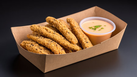 A tempting assortment of crispy fried snack sticks displayed in a brown carton box, accompanied by creamy dipping sauce, perfect for any gathering or delicious meal.の素材