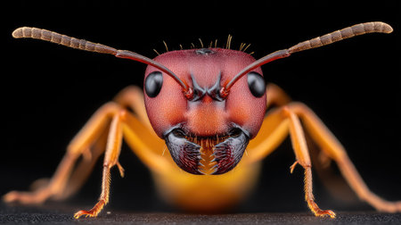 A striking macro image of an ant with vividly detailed features and textures, captured against a dark background, revealing the beauty of nature's smallest creatures.の素材