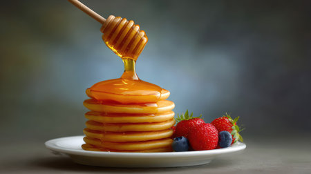 A mouthwatering display of perfectly stacked pancakes drizzled with honey, garnished with fresh strawberries and blueberries, ideal for breakfast or brunch. Enjoy this delightful treat!の素材