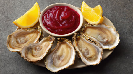 A beautiful presentation of fresh oysters served with lemon wedges and spicy cocktail sauce, ideal for seafood lovers and culinary enthusiasts. Enjoy this exquisite dish at elegant gatherings.の素材