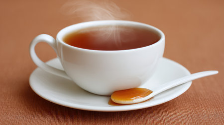 A steaming cup of black tea served with honey on a white saucer, creating a cozy and inviting atmosphere perfect for relaxation or social moments. Enjoy the warmth!の素材
