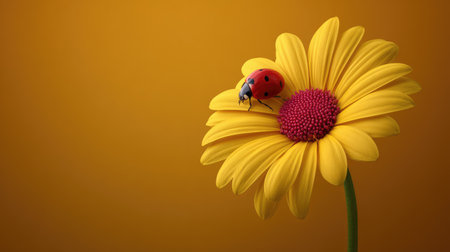 A lovely close-up shot of a yellow flower with a ladybug sitting on its petal, set against a warm orange backdrop, exuding a cheerful and vibrant atmosphere.の素材