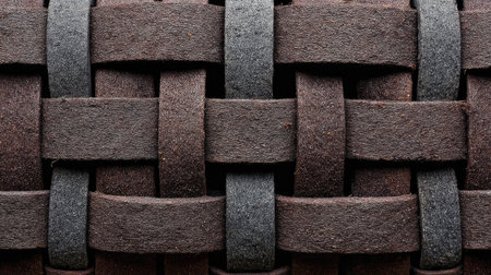 This image showcases a close-up of a beautifully woven textile in dark brown and gray tones, perfect for showcasing craftsmanship in design projects and home decor.の素材