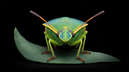 Captivating close-up image of a green beetle perched on a leaf. The intricate colors and patterns highlight the beauty of nature's smallest creatures, inviting exploration.の素材