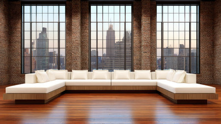 A stylish modern living room showcases a spacious sectional sofa with white cushions, hardwood flooring, and large brick walls, offering a breathtaking urban skyline view at sunset.の素材