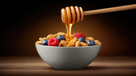 This captivating image showcases a bowl of crunchy cereal topped with fresh berries and honey, creating an inviting and healthy breakfast scene on a wooden table.の素材