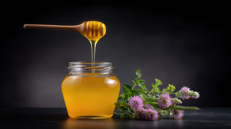 A beautiful glass jar of golden honey with a wooden spoon, elegantly dripping honey, accompanied by fresh flowers, set against a dark background, perfect for culinary and wellness themes.の素材