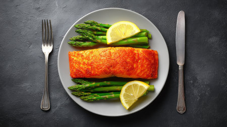 Delicious grilled salmon served with fresh asparagus and garnished with lemon slices, all presented on a stylish gray plate for a gourmet dining experience.の素材