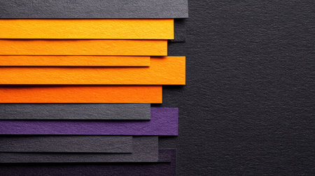 A beautifully arranged stack of colorful paper sheets in vibrant shades of orange, purple, and black, perfect for design projects, craft activities, or creative backgrounds.の素材