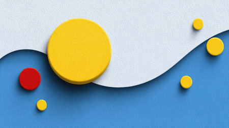 This vibrant abstract artwork features colorful circular shapes on a textured wavy background, combining simplicity and creativity to evoke a playful mood.の素材