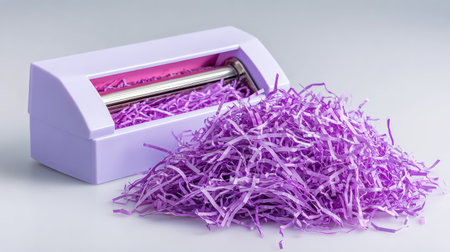 This striking image features shredded purple paper spilling from a modern dispenser, ideal for crafts, gift wrapping, and decoration, perfect for adding flair to any project.の素材
