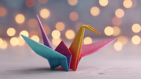 A stunning arrangement of colorful origami cranes against a softly blurred bokeh background, symbolizing hope and creativity, perfect for inspiring artwork or decor.の素材