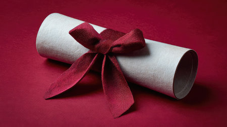 This image features a beautifully crafted scroll wrapped in a rich red ribbon, set against a luxurious crimson background, ideal for various celebrations and announcements.の素材