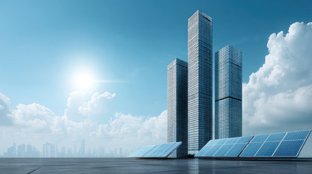 A stunning view of modern skyscrapers equipped with solar panels, bathed in sunlight under a clear blue sky, highlighting the fusion of urban living and sustainability.の素材