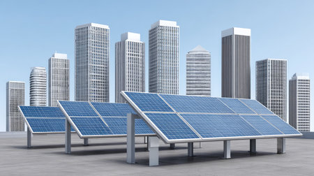 A striking image of solar panels installed on rooftops against a backdrop of a modern city skyline, highlighting the significance of renewable energy in urban environments.の素材