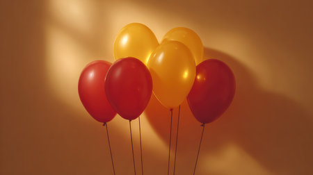 A striking arrangement of red and yellow balloons creates a cheerful mood against a soft orange background, ideal for various festive occasions and celebrations.の素材