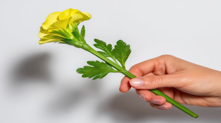 This captivating image features a delicate yellow flower held by a hand, emphasizing the beauty of nature and elegant design suitable for various uses and themes.の素材