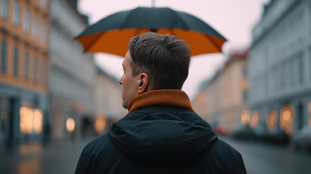A stylish man stands under an umbrella in a cozy urban street during rain, evoking feelings of solitude and tranquility amidst city life.の素材