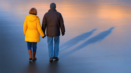 An endearing scene of a couple enjoying a peaceful walk on the beach during sunset, reflecting the warmth of their companionship and the beauty of nature.の素材