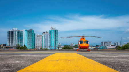 A vibrant orange helicopter stands ready on a helipad surrounded by tall buildings and a blue sky, highlighting urban travel and aerial exploration possibilities.の素材