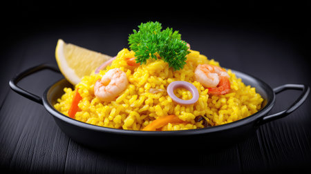 A vibrant shrimp rice dish featuring yellow rice, fresh parsley, and a zing of lemon, perfect for culinary projects or food-themed presentations.の素材