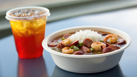 A vibrant bowl of shrimp gumbo featuring succulent shrimp and hearty rice, paired with a refreshing iced beverage perfect for any meal occasion.の素材