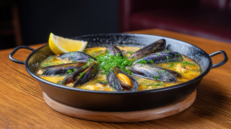 A captivating seafood dish featuring fresh mussels beautifully arranged in a pan, garnished with herbs and lemon on a wooden table, ideal for food enthusiasts.の素材