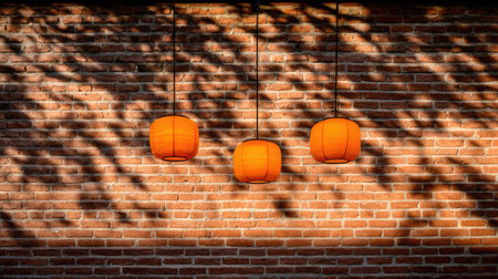 Three hanging orange lanterns create a stunning contrast against a rustic brick wall, where warm shadows add depth and charm to an inviting ambiance.の素材