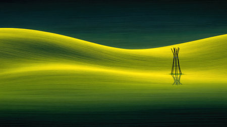 Tranquil landscape showcasing gentle curves in green and yellow tones, with a unique wooden structure reflected in calm water, evoking a sense of peace and serenity.の素材