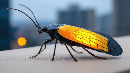 Close-up shot of a glowing beetle sitting on an urban surface at dusk, beautifully contrasting its vibrant orange wings against the city backdrop, showcasing nature's brilliance.の素材