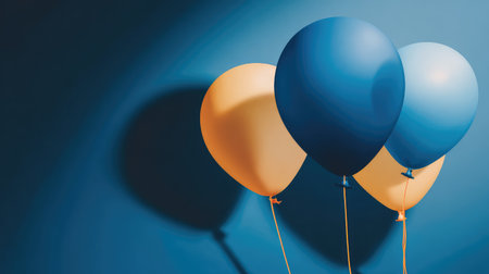 Three balloons in blue and yellow colors against a solid blue background create a cheerful and vibrant scene ideal for celebrations, parties, and festive events.の素材