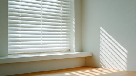 A beautifully lit scene of sunlight through blinds casting shadows on a minimalist wooden surface, showcasing a warm and inviting interior atmosphere. Perfect for modern design themes.の素材