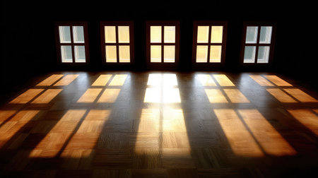 Sunlight pours through wooden windows onto a polished floor, casting intricate shadows and creating a warm, inviting ambiance in a darkened space. Perfect for interior design projects.の素材