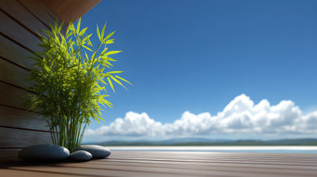 A serene outdoor scene featuring a bamboo plant, smooth rocks, and a bright blue sky with fluffy clouds, perfect for evoking feelings of tranquility and relaxation.の素材