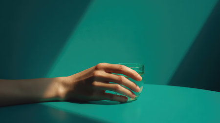 A hand delicately holds a glass of water, casting soft shadows on a vibrant teal surface. This composition evokes calmness and minimalism, perfect for wellness and lifestyle themes.の素材