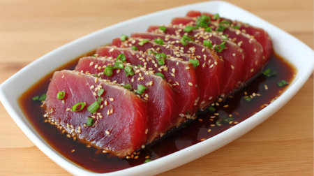 Delicious fresh sliced tuna arranged elegantly on a white plate with soy sauce, garnished with green onions, showcasing vibrant colors and flavors ideal for a healthy meal.の素材