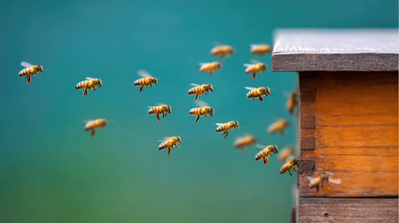A stunning image showcasing bees in flight near their hive, illustrating the vital role they play in pollination and honey production within natural ecosystems.の素材
