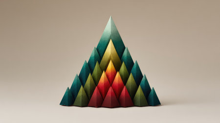 A vibrant paper pyramid structure showcasing an artistic gradient of green, yellow, and red shades, perfect for creative projects and unique backgrounds.の素材