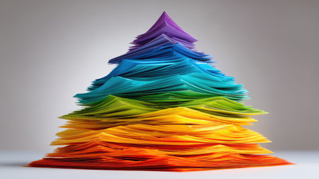 This artwork features colorful layers of paper arranged in a mountain shape, showcasing a vibrant gradient from blue to purple to orange on a neutral backdrop, ideal for creative projects.の素材