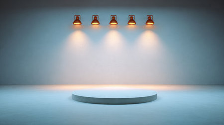 A minimalistic stage featuring a round platform illuminated by four warm spotlights, ideal for presentations, performances, or creative exhibitions in a clean, elegant setting.の素材