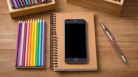 A minimal workspace scene featuring a notepad, smartphone, colorful pencils, and a pen on a smooth wooden surface, ideal for fostering creativity and organization in study or creative projects.の素材