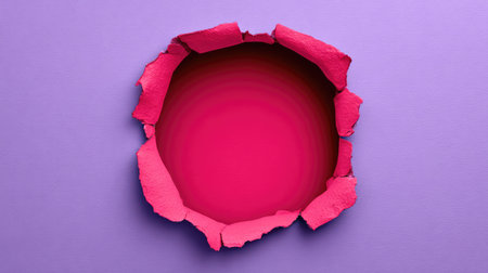 Eye-catching image of a vibrant pink paper tear revealing a deep pink interior against a purple background, perfect for creative projects and visual communications.の素材
