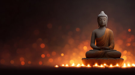 A serene Buddha statue illuminated by soft candlelight creates a calming environment, ideal for meditation, mindfulness practices, and spiritual reflection.の素材